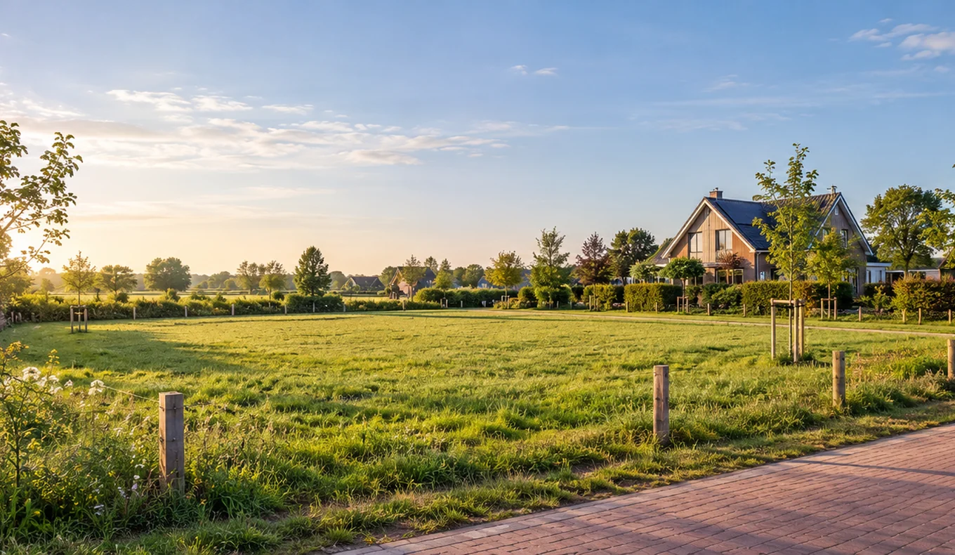 Sfeerbeeld van een bouwkavel in een groene omgeving